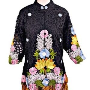 VINTAGE Blazer Jacket Hawaiian Lotus Flower Applique Embroidery Lace (S)